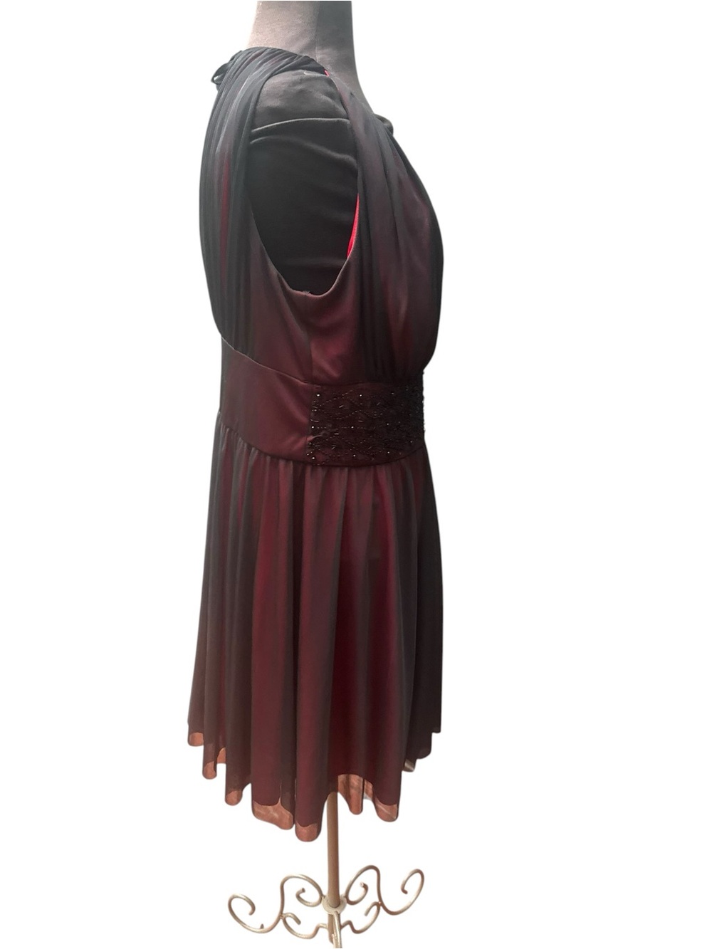 Y2K Jessica Howard Dark Romantic Beaded Waist Midi Dress XL 16 Sheer Black Red - Picture 3 of 8